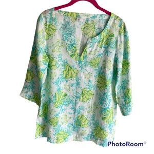 J.JILL‎ Love Linen Turtle Print Green and Blue V-Neck Tunic Blouse, XSP